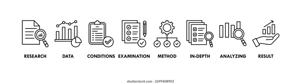 Estudo de caso banner web icon vetor illustration concept with icon of research, data, conditions, examen, method, in-depth, analysis, and result (Conceito de ilustração vetorial de ícone da Web com ícone de pesquisa, dados, condições, exame, método, detalhamento, análise e resultado)