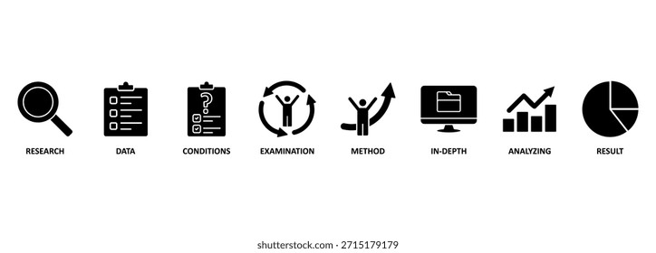 Estudo de caso banner web icon vetor illustration concept with icon of research, data, conditions, examen, method, in-depth, analysis, and result (Conceito de ilustração vetorial de ícone da Web com ícone de pesquisa, dados, condições, exame, método, detalhamento, análise e resultado)