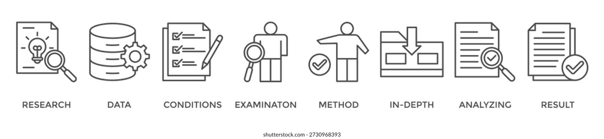 Case study banner web icon vector illustration concept with icon of research, data, conditions, examination, method, in-depth, analyzing, and result