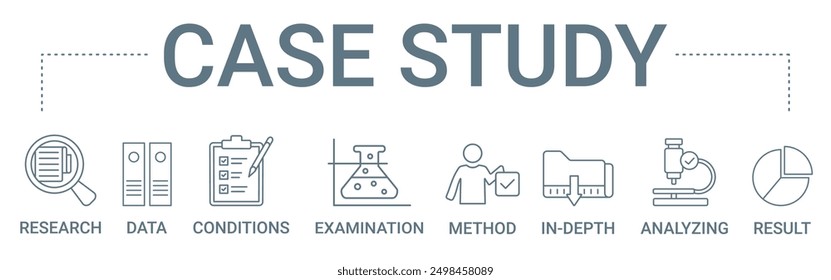 Case Study concept banner icon contain of research, data, conditions, examination, method, in-depth, analyzing, and result vector illustration