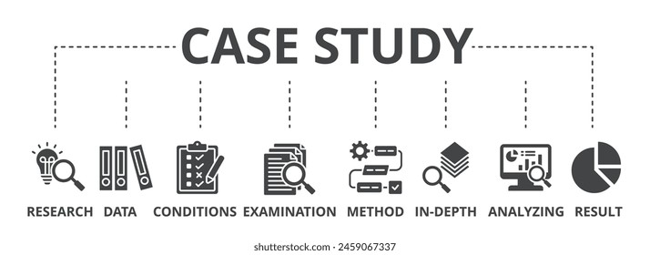 Case study concept icon illustration contain research, data, conditions, examination, method, in-depth, analyzing and result.