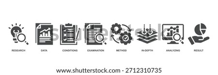 Case study concept icon illustration contain research, data, conditions, examination, method, in-depth, analyzing and result.