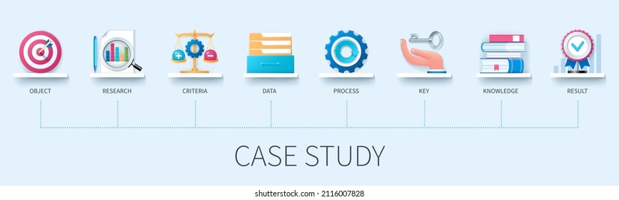 Case study concept with icons. object, research, criteria, data, process, key, knowledge, result. Business concept. Web vector infographic in 3D style