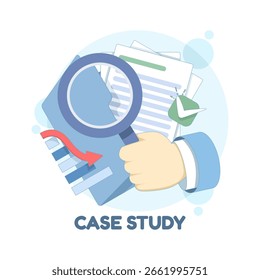 Concepto de estudio de caso, investigación de información comercial, análisis de características del producto. Estudiar la información y los hechos, analizar las características del producto. Ilustración vectorial en diseño plano para Anuncios de Web.
