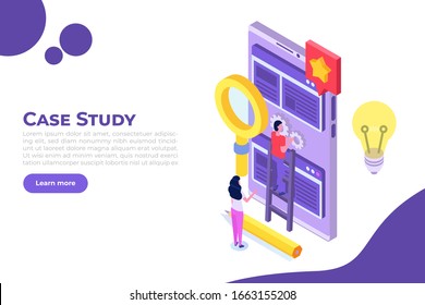 Case study concept with tiny character. Web page template. Flat style isometric vector illustration.
