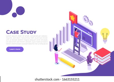 Case study concept with tiny character. Web page template. Flat style isometric vector illustration.