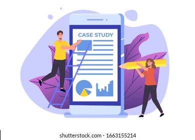 Case Study Concept With Tiny Character. Flat Style Vector Illustration