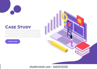 Case study concept with tiny character. Web page template. Flat style isometric vector illustration.