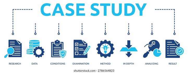 case study glyph banner icon of research, data, conditions, examination, method, in depth, analyzing, result