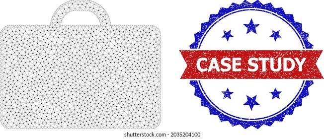 Case Study grunge stamp, and case icon mesh model. Red and blue bicolor stamp seal has Case Study text inside ribbon and rosette. Abstract 2d mesh case, built from flat mesh.