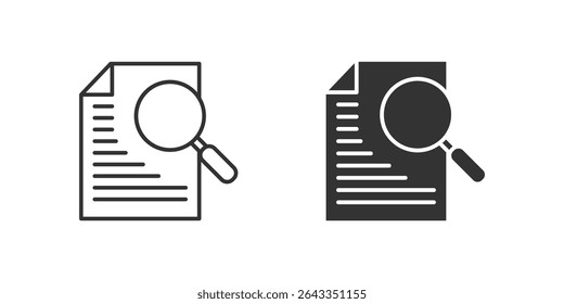 Case Study Icon Set. A black icon of a document with a magnifying glass, representing research.
