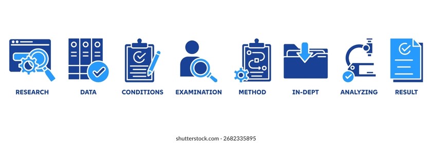 Case Study icon set illustration illustration concept with icon of research, data, conditions, examination, method, in-dept, analyzing, result