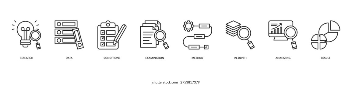 Case Study Icon Set. Icon set includes Research, Data, Conditions, Examination, Method, In-depth, Analyzing, Result.