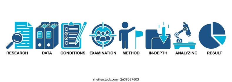 Case study icon set vector illustration concept with icon of research, data, conditions, examination, method, in-depth, analyzing, and result