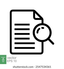 Case study icon. Simple outline style. Magnifying document, research, report, paper with find glass, search concept. Line vector illustration isolated on white background. EPS 10.