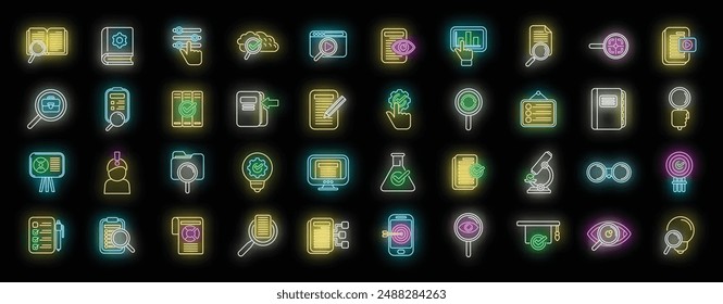 Case study icons set outline vector. Study platform. Study tutorial neon color on black