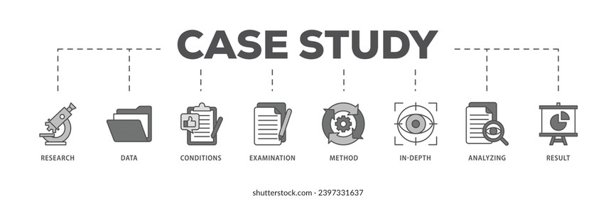 Case study infographic icon flow process which consists of research, data, conditions, examination, method, in depth, analyzing, and result icon live stroke and easy to edit