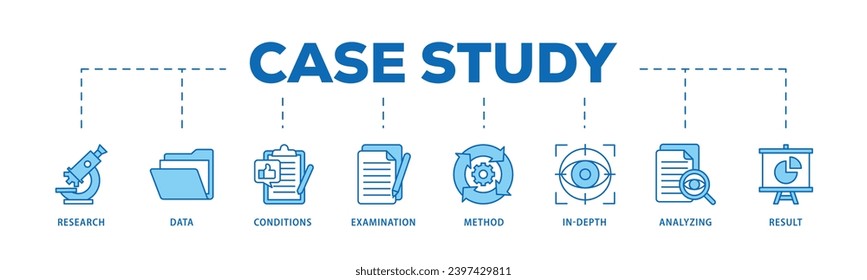 Case study infographic icon flow process which consists of research, data, conditions, examination, method, in depth, analyzing, and result icon live stroke and easy to edit