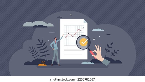 Case study insights with analysis and statistic report tiny person concept. Control your feedback with background context and root cause for effective learning and business summary vector illustration