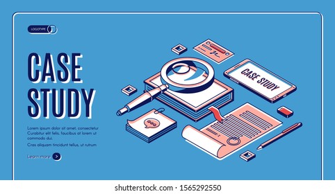 Case study isometric web banner. Business information research and analysis, magnifying glass with notebook, smartphone, certificate and stationery on table. 3d vector landing page in line art style