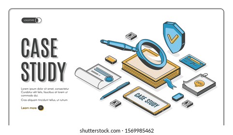 Case study isometric web banner. Business information research and analysis, magnifying glass with notebook, smartphone, certificate and stationery on table. 3d vector landing page in line art style