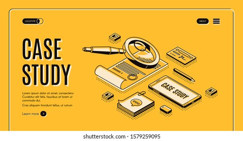 Case study isometric web banner. Business information research and analysis, magnifying glass above certificate, document with stamp, smartphone and stationery 3d vector landing page in line art style