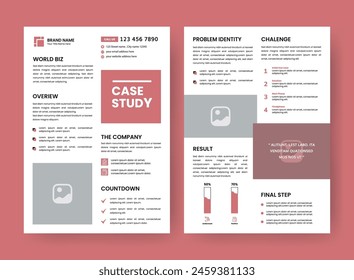 Case Study Layout Flyer. Minimalist Business Report with Simple Design. Pink and Black Color Accent.