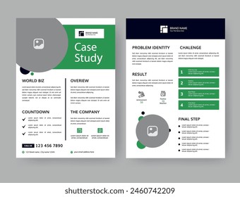 Case Study Layout Flyer. Minimalist Business Report with Simple Design. Green and Black Color Accent.