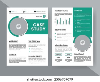 Layout-Flyer für Fallstudien. Minimalistischer Geschäftsbericht mit einfachem Design. Farbakzent Grün und Schwarz.