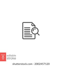 Case study line icon. Research document. Paper with Magnifying glass. File Project analysis Logo pictogram in outline symbol. Editable stroke Vector illustration design on white background. EPS 10