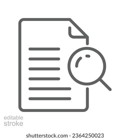 Case study line icon. Research document. Paper with Magnifying glass. File Project analysis Logo pictogram in outline symbol. Editable stroke Vector illustration design on white background. EPS 10