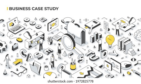 Case study marketing and education concept. People analyze real-life scenarios of doing business by a successful company. Abstract isometric illustration