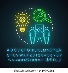 Case study neon light icon. Decision making content. Research method. Business training, presentation, report. Glowing sign with alphabet, numbers and symbols. Vector isolated illustration