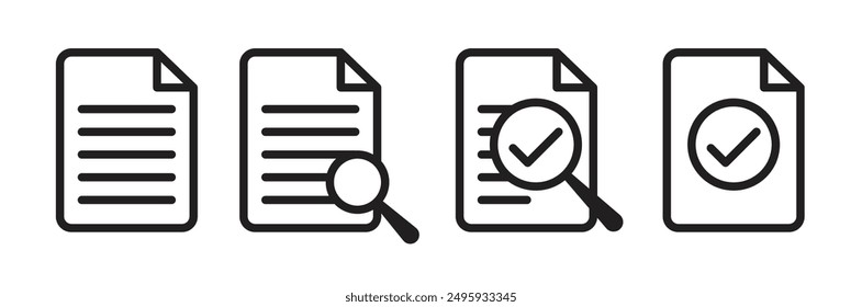 Case study outline vector icon set. Search result icon. document paper with magnify glass pictogram.