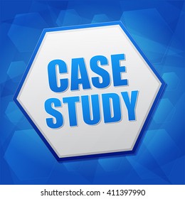 case study over blue background with flat design hexagons, education concept words, vector