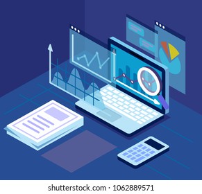 Case study research concept pc on table. Flat style vector