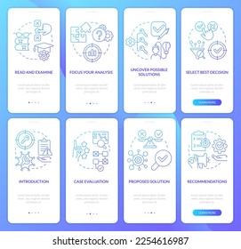 Case study structure and draft blue gradient onboarding mobile app screen set. Walkthrough 4 steps graphic instructions with linear concepts. UI, UX, GUI template. Myriad Pro-Bold, Regular fonts used