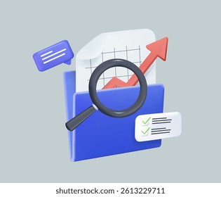 Case study, studying information, facts. Concept of case study, searching business information, analyze of product features. Vector illustration in 3D design for web banner