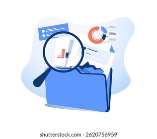Estudio de caso, estudio de información, hechos. Concepto de estudio de caso, búsqueda de información comercial, análisis de características del producto. Ilustración vectorial en el diseño moderno para el Anuncio del Web