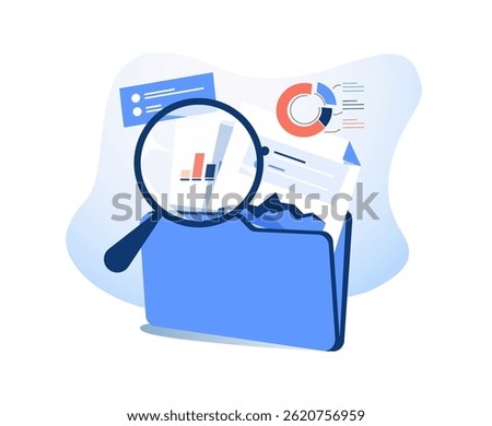 Case study, studying information, facts. Concept of case study, searching business information, analyze of product features. Vector illustration in modern design for web banner
