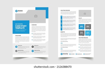 Case Study Template. Business case study booklet layout with blue elements. Double side flyer template.