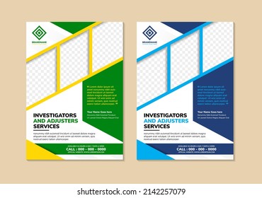 Case Study Template design. Investigators and adjusters service Booklet Layout with blue, green and yellow colors elements. vertical Flyer Template with space for photo and text