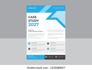 Case Study Template, Flyer Template, Poster design with Case Study, Business Case Study Booklet Layout with blue elements.
