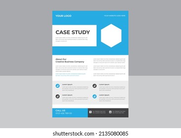 Case Study Template, Flyer Template, Poster design with Case Study, Business Case Study Booklet Layout with blue elements.
