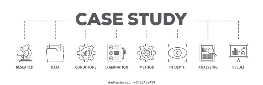 Case study web banner icon vector illustration concept consists of research, data, conditions, examination, method, in depth, analyzing, and result icon live stroke and easy to edit