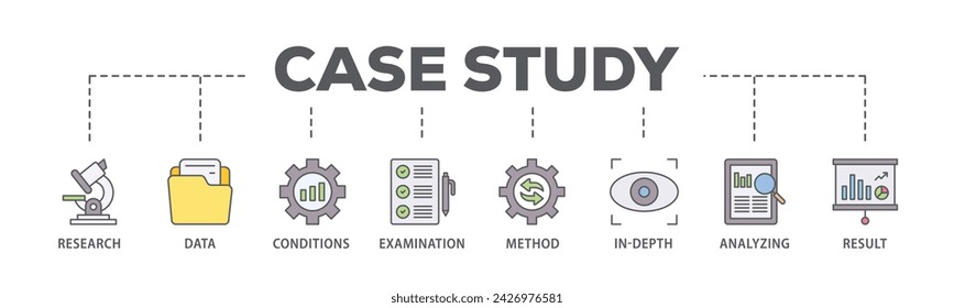 Case study web banner icon vector illustration concept consists of research, data, conditions, examination, method, in depth, analyzing, and result icon live stroke and easy to edit
