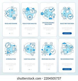 Case studying process blue onboarding mobile app screen set. Walkthrough 4 steps editable graphic instructions with linear concepts. UI, UX, GUI template. Myriad Pro-Bold, Regular fonts used