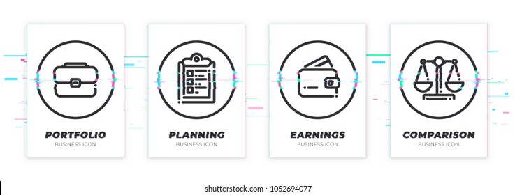 Case, task, wallet, scales. Business theme glitched black icons set. Scalable vector objects on transparent background. Modern distorted glitch style.