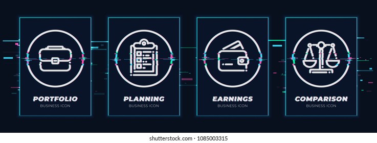 Case, task, wallet, scales. Business theme glitched black icons set. Scalable vector objects on transparent background. Modern distorted glitch style.