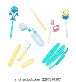 Case for a toothbrush. A variety of toothbrush cases, a children's toothbrush case, a dolphin in the shape of a case, a minion case. Vector illustration


